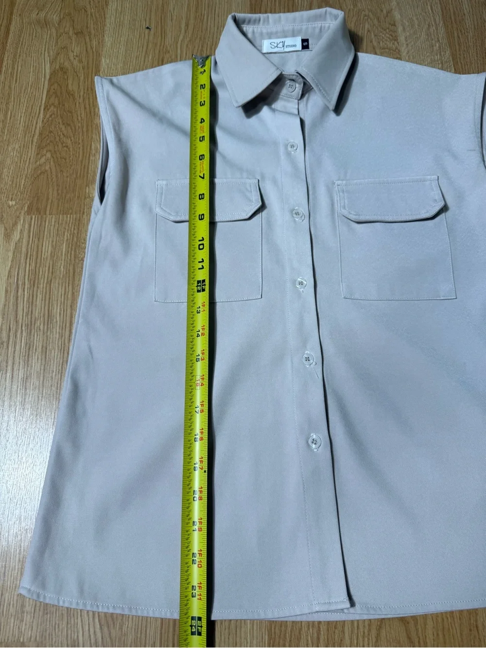 Sleeveless Pocket Shirt & Tailored Pants Set - Light Beige - Size S
